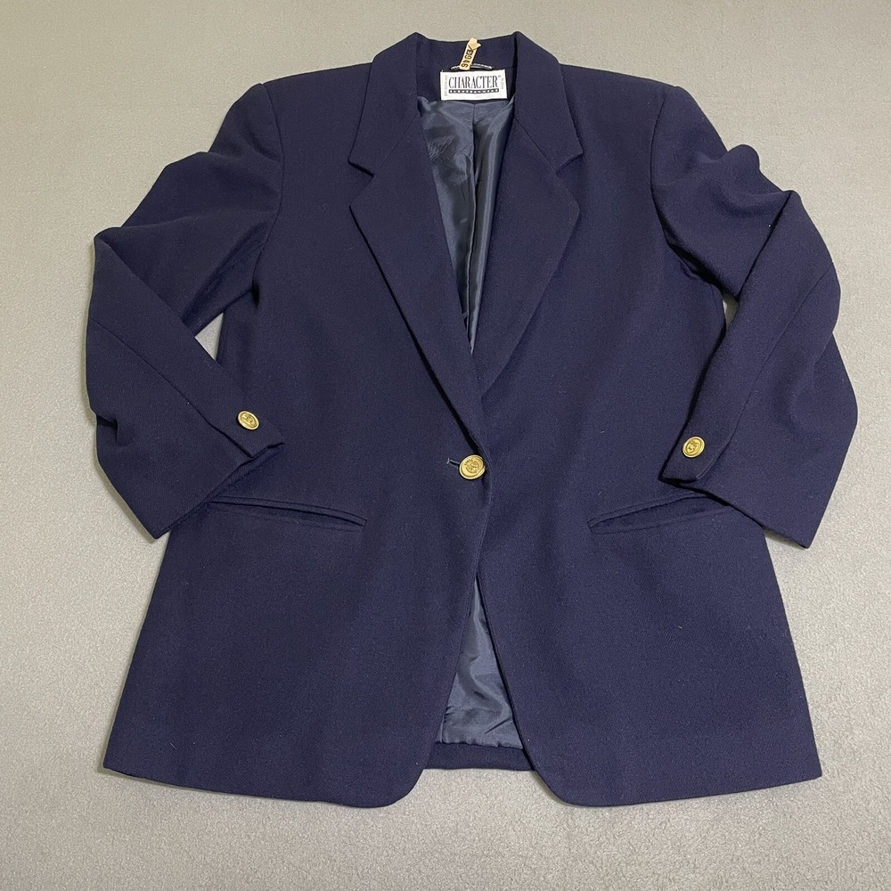 Vtg Womens WOOL BLAZER JACKET Gold Accent Buttons Preppy 90s Academic Navy Sz‎ 8